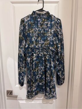 Lulu's Blue Floral Ruffled Neck Midi Dress